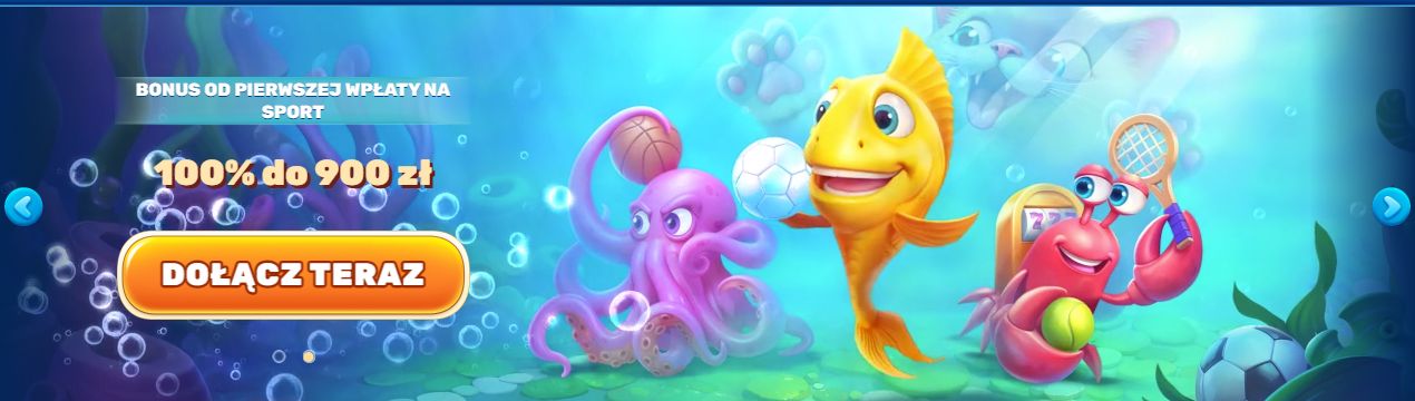 nderwater-themed casino promotion showing a smiling yellow fish spinning a wheel, a purple octopus holding cards, and a red crab slot-machine character surrounded by chips.