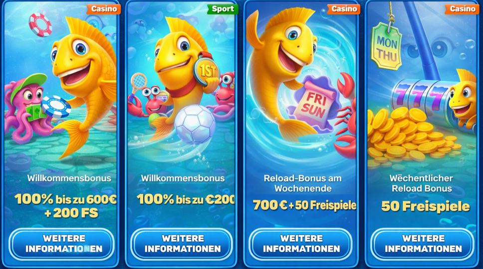 Cartoon yellow fish with a green turtle in a purple shell full of cash, coins, and reward cards, promoting
