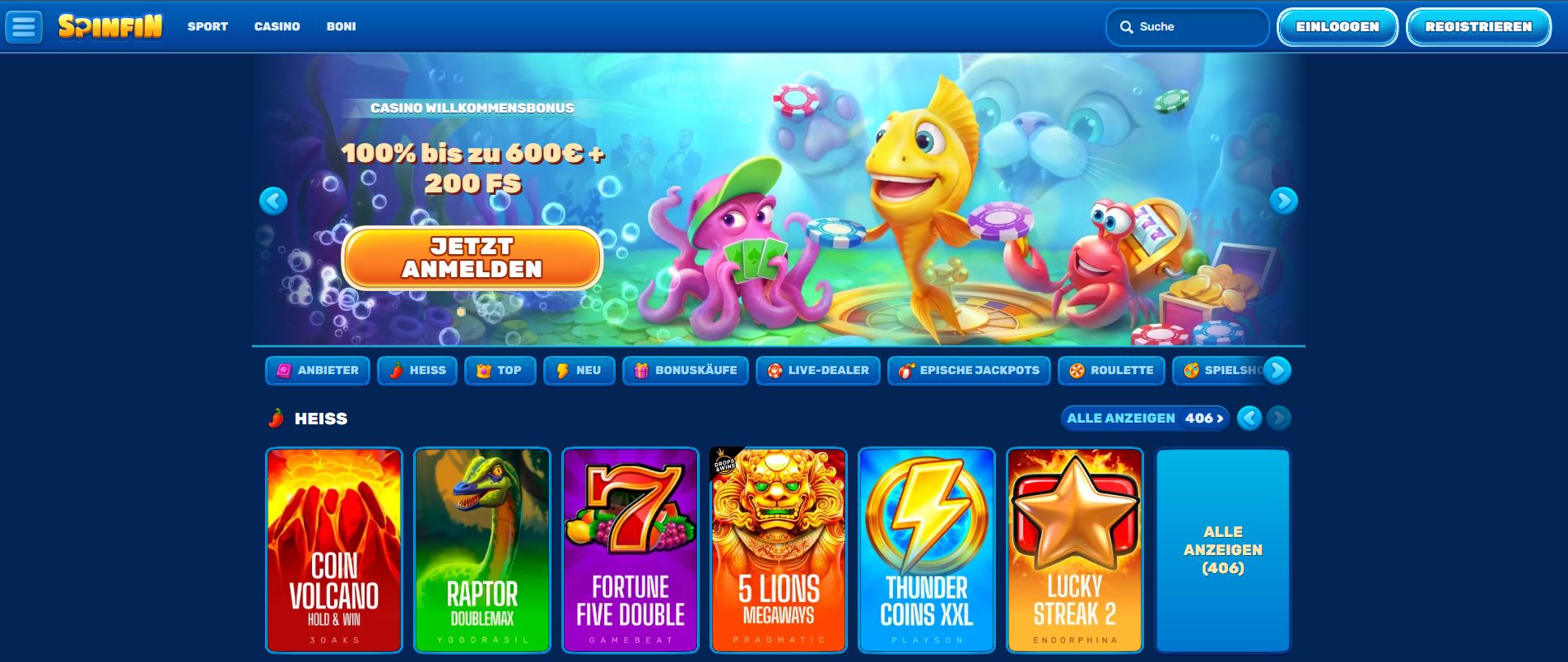 Underwater-themed online casino header featuring a cartoon octopus with playing cards, a fish carrying poker chips, and a crab holding coins.