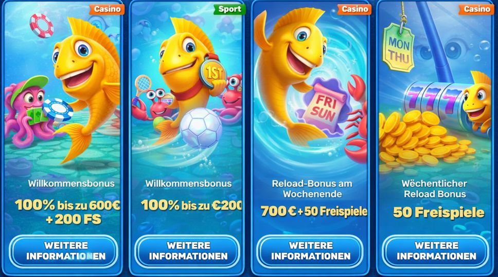Cartoon yellow fish with a green turtle in a purple shell full of cash, coins, and reward cards, promoting
