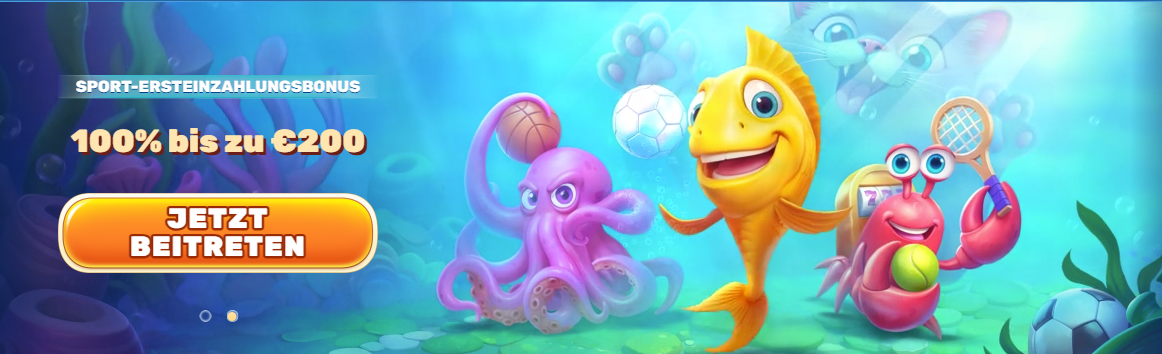 nderwater-themed casino promotion showing a smiling yellow fish spinning a wheel, a purple octopus holding cards, and a red crab slot-machine character surrounded by chips.